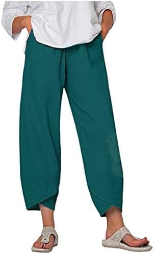 Beuu ljetne pantalone za žene casualti džepovi pamučni posteljina široka noga elastična struka kaprisa obrezane hlače