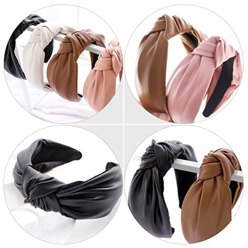 SOLUSTRE Womens Workout Headbands 2Pcs Knotted Headbands Wide PU Leather Headband Knot Thick Turban Hairband for Women, Black & amp; Brown Womens Fashion Headbands