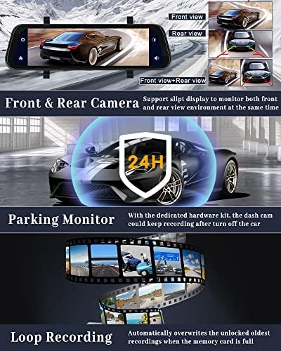 9.66 Ogledalo dash CAM prednje i stražnje sa bežičnim Carplay Android automobilom za automobile za automobile i kamione, poboljšana noćna vizija, IPS dodirni ekran, glasovna kontrola, dvostruka kamera, 7V-36V, 7V-36V