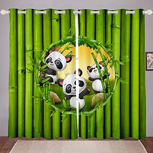 Panda prozorske zavjese, bambus napušta prozorske prozorske tretmane za dječake djevojke tinejdžeri, medvjed divljih životinja uzorke Gromet Curtains, zeleni ukras 52 x 84, 2 ploče