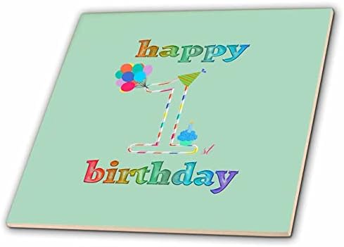 3drose sretan 1. rođendan, Cupcake sa svijećom, baloni, šešir, šareni-pločice