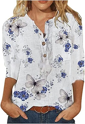 Žene Lagane 3/4 rukava Henley košulje Slatko cvjetno tiskano dugme Tee Tors 2023 Ljetne casual bluze