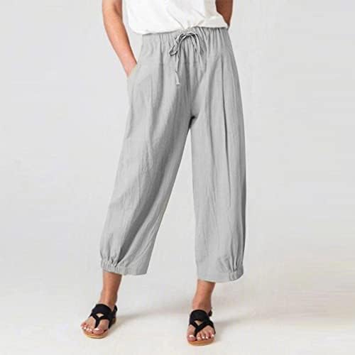 Ženske posteljine obrezane hlače Ljetne vrećaste pantalone plaže kapri hlače elastične struke špediraju široke noge hlače sa džepovima