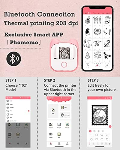 Memoqueen T02 džepni termalni štampač fotografija sa roze / žutim /plavim termo papirom, Nelepljivim papirom u boji,53mmx 6,5 m/ rolna, crni tekst, čuva se 5 godina, kompatibilan sa iOS & amp; Android