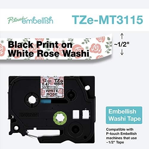 Brother P-Touch uljepšati Crni otisak na bijeloj ruži Washi Tape TZeMT3115 - ~ ½ širine x 13,1' dužine