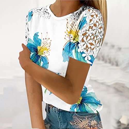 Ljetni vrhovi za žene 2023. modna tiskana majica čipke kratkih rukava bluza okrugli vrat casual vrhovi