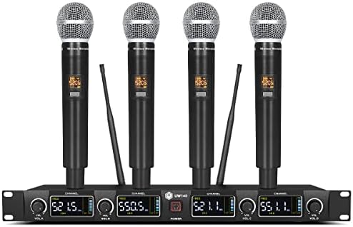INMix Uw140 bežični mikrofonski sistem, 4-kanalni UHF Akumulatorski set mikrofona sa četiri ručna mikrofona,Podesiva frekvencija, veliki domet 260ft, idealno za Crkvu,Karaoke,Vjenčanja, događaje