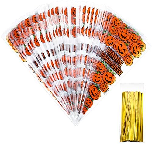 100 tačaka Pumkin Cone Bag Halloween Pumpkin Pattern Cone celofan torbe tretiraju Candy kese sa 100 komada Gold Twist kravate za Halloween Party Favor