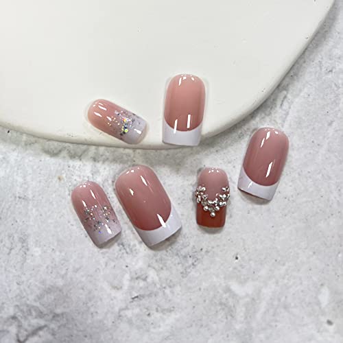Francuski savjet pritisnite na noktima kratki kvadratni lažni nokti ružičasti puni poklopac lažni nokti sa sjajnim dizajnom Rhinestones akrilni nokti bijeli vrh gradijent umjetni nokti ukrasi za nokte za žene djevojke