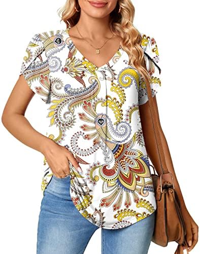 Ženske ljetne vrhove v vratne latice rukave majice za žene labave Fit Boho Floral Henley Tshirts Dressy Casual bluze