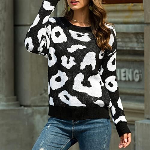 Ženski pleteni džemper za kabel zimsku o-vrat Leopard Print pulover dugih rukava dugih rukava gornja