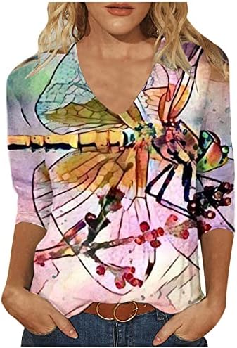 Žene 3/4 rukavski ljetni vrhovi Dressy Ležerne prilike cvjetne tunike Boemian Proljetni gornji i bluzu V Vrat Majice za lakat