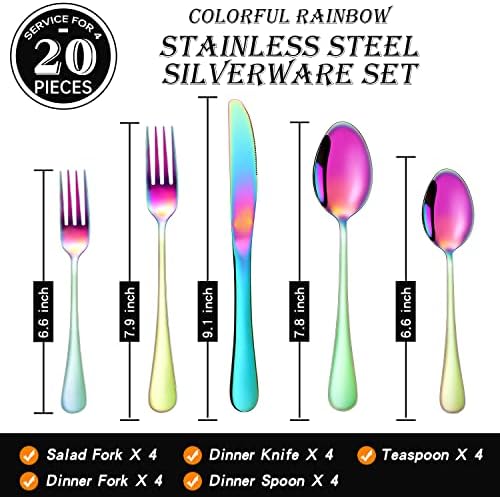 20-dijelni Rainbow SET srebrnog posuđa za 4, 18/0 šareni set posuđa od nehrđajućeg čelika, set pribora za jelo od poliranog ogledala, prelivajući kuhinjski pribor, Set duginih kašika i viljuški