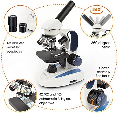 Amscope M158C-E složeni Monokularni mikroskop, okulari WF10x i WF25x, uvećanje 40x-1000x, svijetlo polje, LED osvjetljenje, obična pozornica, 110v, uključuje 0.3 MP kameru i softver