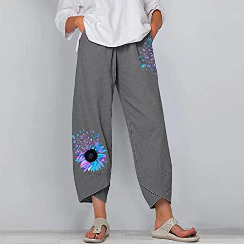 ICJJL ženske pamučne posteljine labave hlače ispis suncokreta elastične strugove casual pantalone