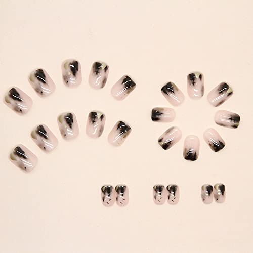 Pritisnite na noktima kratki kvadratni lažni nokti sa dizajnom svijetlo plava, crna i bijela vrtložne linije lažni nokti sjajni štap na noktima sjajni akrilni nokti za žene i djevojčice 24kom
