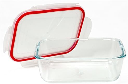 Borosilikatni mikrotalasni i Pećni pravougaoni stakleni kontejner za skladištenje hrane sa plastičnim poklopcem sa zaključavanjem, Crvena podstava, 27 oz, Clear