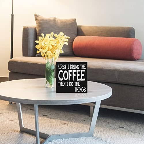 Prvo pijem kafu crnac crna kutija na drva, kafe drveni blok plaketi znakovi, za rustikalni kućni dnevni boravak Kuhinjski stol dekor -
