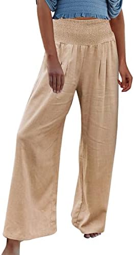 Ležerne ljetne pamučne lanene pantalone za žene široke pantalone sa ravnim nogama pantalone na plaži visokog struka sa džepovima udobne pantalone