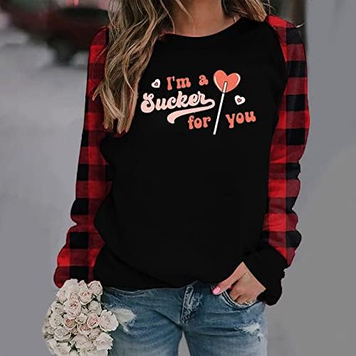 Oplxuo topovi za žene Patuljci grafički Duks tinejdžerka Crewneck karirani Print pulover Valentinovo