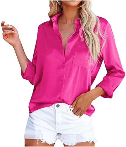 Ženski tusni na vrhu, ženska tipka V izrez dolje majica moda saten udobna majica čvrsta džepna bluza s dugim rukavima