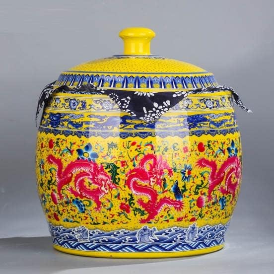 N / A keramika Enamel Veliki čaj za čaj JAR Yellow Puder Enamel Vazes Cvjetni spremnik Kineski zanati đumbirski tegla