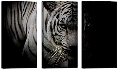 3 ploče uokvirene platnenom zidnom umjetnošću bijeli tigar izoliran na crnoj pozadini uljane