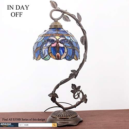 WERFACTORY Tiffany lampa oblačno plava Vitražna stolna lampa, metalna baza listova 8X10X21 inča stol za