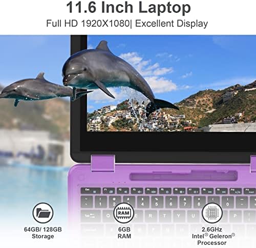 FowOps 2 u 1 11,6 FHD laptop zaslona osjetljivog na dodir, Intel 4 Core Celeron N4120 Procesor Windows 11 OS 6GB RAM 128GB M.2 SSD Spremi za djecu Kabriolet prijenosnog računala