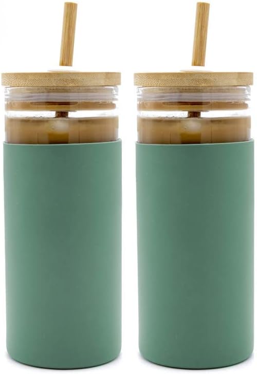 THEBOMB® 2-pakovanje 20oz stakleni čaša sa autentičnom bambusovom slamom, poklopcu i silikonskim rukavima