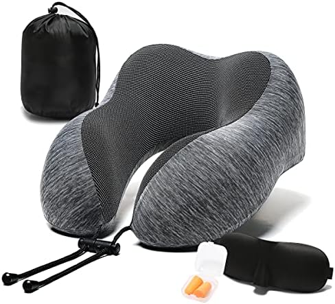 Putni jastuk, memorijski jastuk za pjenu sa udobnim prozračnim poklopcem, zračni putnički komplet hlađenja sa 3D maskom za oči, uši i organizator, siva / plava