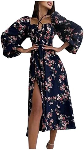 Fmchico Womens 2023 Mini haljina sa cvjetnim printom za Proljeće Ljeto s Halterom na vratu s volanima s dugim rukavom