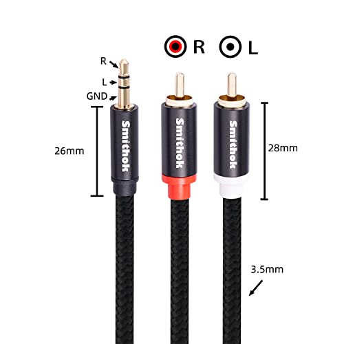 Smithok 2 paketa 3,5 mm do RCA kabela, pozlaćena, najlonska pletenica 1/8 mužjaka za mužjak stereo aux kabel [lijevo / desno] y razdjelni adapter za tablete, pametne telefone, mp3, hdtv -black