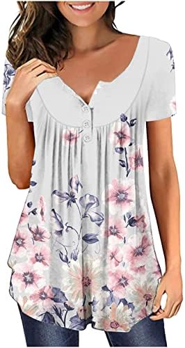 Košulje za žene Ljeto tiskovina Sakrij trbušni tunik Dugme za okrugli vrat Pleted Flowy Henley Thirt Bluze s kratkim rukavima