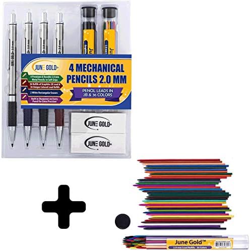 June Gold 4 Premium 2,0 mm 2b mehaničke olovke, punjenje 2B, 2 paketa od 36 jedinstveno obojenih punjenja, 2 gumice otporne na mrlje, ugrađene u oštrice i meko klizanje na svakoj olovci