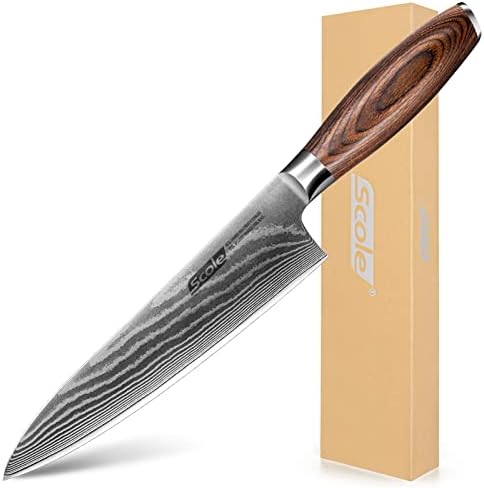 SCOLE® Chef Knife Bundle - Razor Sharp Chefs Knife 8 Inch VG-10 Super Damascus Steel + Ultra Sharp Kitchen Knife Set 7-Piece