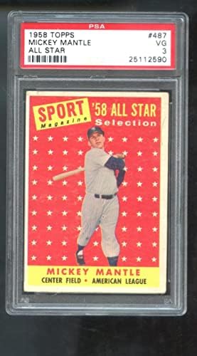 1958 TOPPS 487 Mickey Mantle All-Star kao PSA 3 Ocjenjivanu bejzbol karticu MLB Yankees