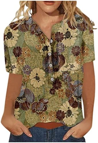 Žene ljetne košulje Vintage cvjetni print Henley T Dugme Dugme kratki rukav Dression Bluuse Casual Tee vrhovi