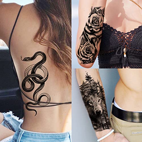 65 listova FANRUI Black Tiger Lion privremene tetovaže za muškarce žene rukav za ruke, vodootporne naljepnice za tetovaže za odrasle kompas cvijeta ruže zmijskog Vuka, 3d lažna tetovaža Sova lobanje koje izgledaju stvarno i dugo traju