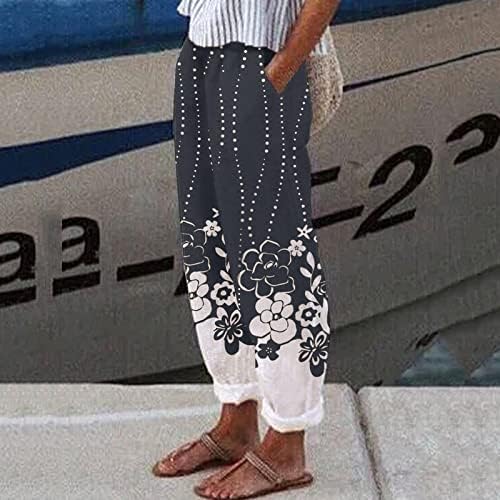 Pamučne lanene skraćene hlače ženske ljetne Casual kapri hlače s džepovima visokog struka udobne hlače na plaži cvjetne Harem hlače