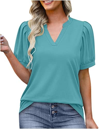 Lcepcy ljetni vrhovi za žene 2023 Casual V izrez Puff Sleeve Tshirts jednobojne bluze za nošenje uz farmerke