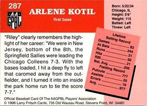 1996 AAGPBL Serija 2 Baseball # 287 Riley Kotil South Bend Blue Sox RC Rookie Službena sveameričke djevojke Profesionalna bejzbol liga Trading Card Made Larry Fritsch kartice