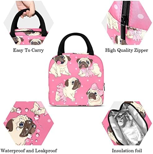 Slatka Mops dog girl suknja luk Pink Paint torba za ručak izolovana kutija za ručak torba za piknik