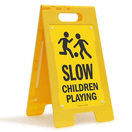 SmartSign 25 x 12 inča Slow - Djeca koja igraju dvostrani preklopni podni znak sa simbolom, digitalno tiskani polipropilen plastični, crni i žuti