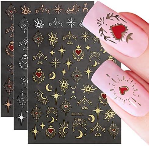 Zzxllro 10 listova naljepnice za nokte Sun Moon Star, 3D naljepnice za umjetnost noktiju s crvenim srcem, samoljepljivi holografski Laser Starlight Line za Valentinovo ženska dekoracija noktiju
