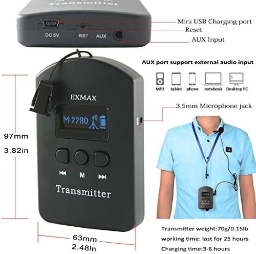 Oprema za prevođenje sistema bežičnog turističkog vodiča EXMAX 2.4 GHz omogućava 2 predajnika koji rade za više prijemnika istovremeno u istoj grupi koja se koristi u konferencijskom prevodu
