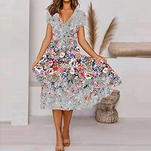Plus veličine Ženska haljina kratkih rukava cvjetna casual v izrez Midi haljine dame dame flare swing a-line