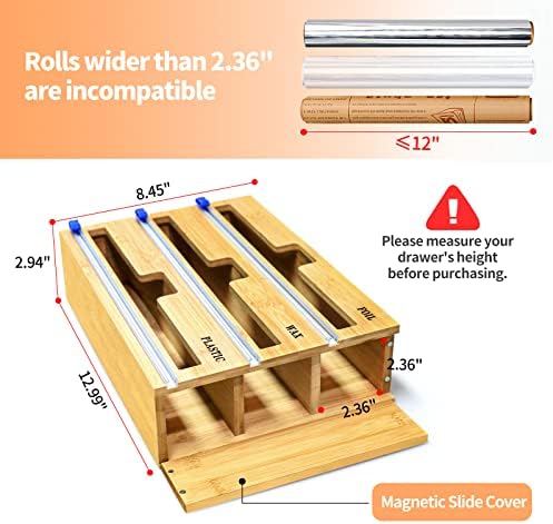 Aluminijska organizacija i skladištenje folije, Sigalins Wrap dozator sa rezačem za Saran Wrap, folija i voštani papir, bambusov držač kompatibilan 12 Roll