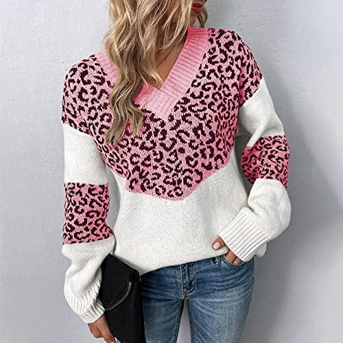 Ymosrh Ženske prevelike džempere jesen Solid Boja Patchwork Leopard Print Dugi rukav pulover pleteni džemper