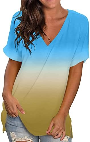 Labave majice za žene - ležerni ljetni valjani kratki rukavi V izrez vrhovi sa strane Split Tees Tie Dye Print bluza Top